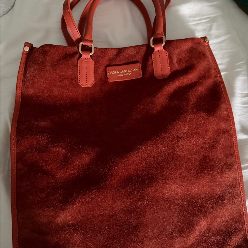 NWOT Viola Castellani Red Suede Tote Bag with Leather Trim